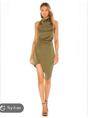 Elliatt Olive Satin Asymmetrical Halter Dress